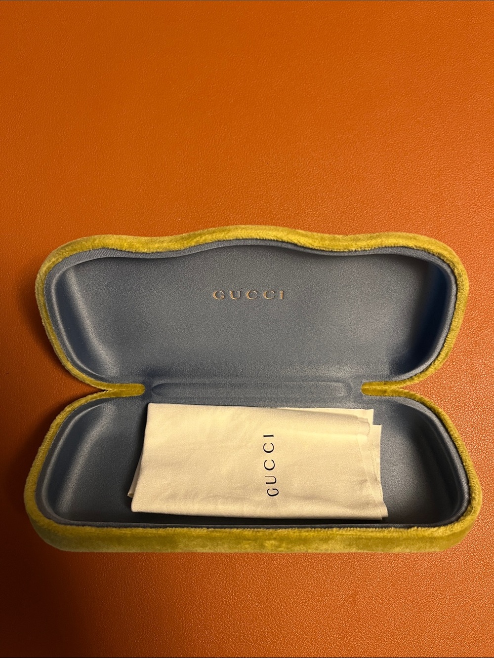 GUCCI Velvet Eyewear Case in Yellow and Blue Interior